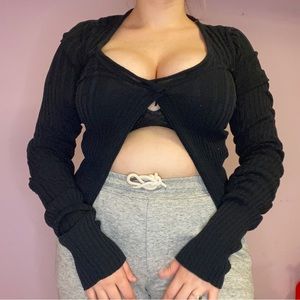 Sarah Pacini Extra Long Sleeve Black Cut Out Crop Top